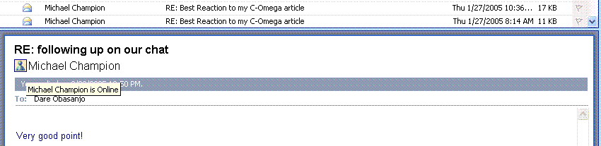 email inbox shoing mike champion's online status